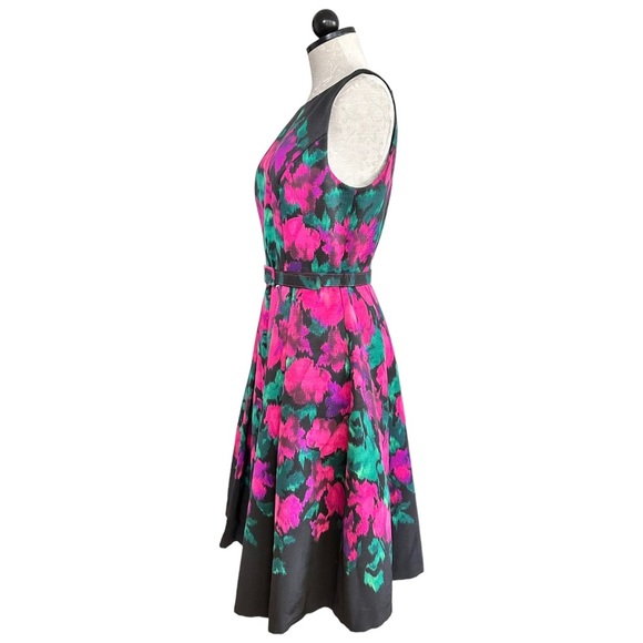 Eliza J Fit & Flare Black Watercolor Dress Sleeveless Belted Size 6 - Picture 4 of 12